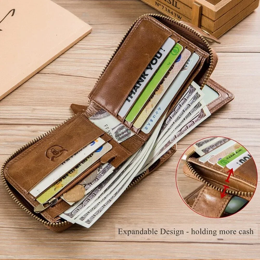Genuine Leather Wallet for Men Large Capacity ID Window Card Case Brown